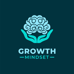 Fototapeta premium Growth Mindset logo design vector template with a Brain symbol and two holding hands. Logo template illustration.