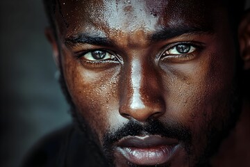 Intense portrait of a man with striking green eyes and sweat