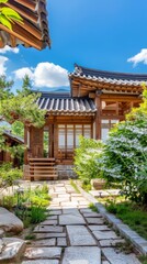 Fototapeta premium Serene Korean Traditional House with a Picturesque Garden