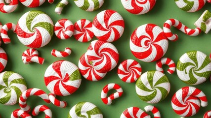 Peppermint red background with white swirls and candy cane accents, peppermint candy, swirls