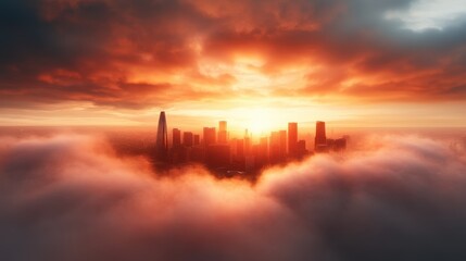 A dreamy city skyline surrounded by vibrant clouds during sunset creates a captivating scene, blending urban elements with a fiery, ethereal sky in one frame.
