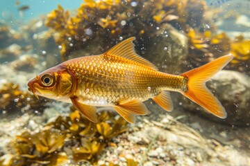 Fototapeta premium A vibrant orange fish swims gracefully among underwater plants in a clear ocean environment.
