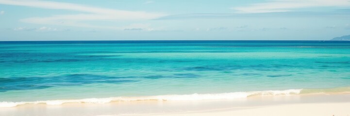 Fototapeta premium Sandy beach with crystal clear water under blue sky on a sunny day, tranquil, tropical
