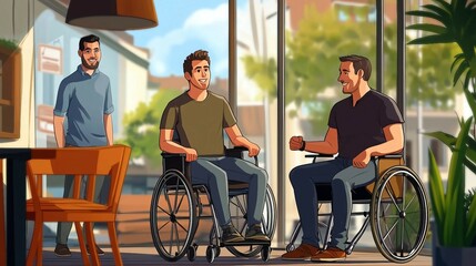 a man in a wheel chair talking to another man in a wheelchair