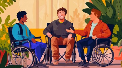 a man in a wheelchair talking to two other men