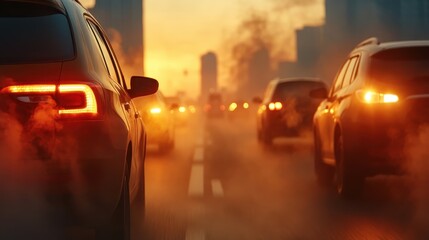 Obraz premium Cars drive on a busy highway during sunset, enveloped in a hazy atmosphere, creating a visually stunning scene of motion and color, symbolizing life's journey.