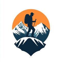 Silhouette of a male hiker with a backpack against a vibrant orange sunset in the mountains.
