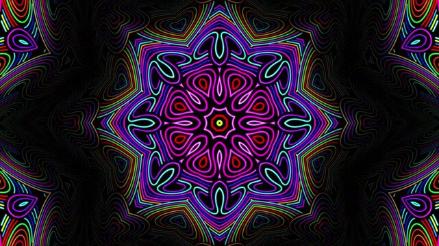 Abstract psychedelic mandala made of colorful trippy patterns with morphing lines on a dark background. Acid colored kaleidoscope for trance music festival or art performance. Motion design , 4K 30fps