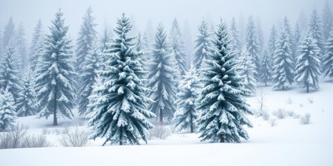 Snow-covered pine trees in a forest during a winter storm, outdoors, forest