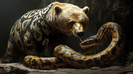 A dramatic scene showcasing a bear confronting a large, vibrant snake in a mystical forest setting.