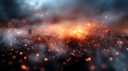 Fototapeta premium Mysterious urban skyline at twilight, scattering sparkling orange lights amidst dark clouds, creating a magical and surreal atmosphere over the bustling city below.