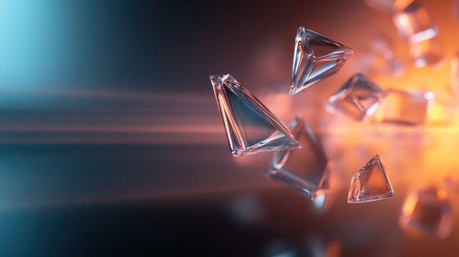 Triangular crystal prisms hover delicately in a luminous amber ambiance, embodying elegance and innovation in a futuristic crystal art style.