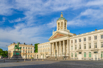 St. James on Coudenberg Roman Catholic church neoclassical style building and Godfrey of Bouillon statue on Place Royale Royal Koningsplein Kings square of Brussels city historical centre, Belgium
