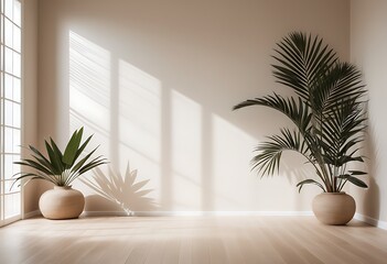 A modern empty room with sunlight on a blank beige wall, large ears of corn in a clay vase near the window, a doorway into a bright room with a glass floor lamp near a white modern sofa. 3d render