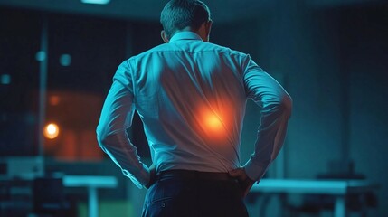 a man in a white shirt is holding his back