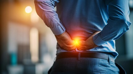 a man in a blue shirt is holding his hands in his pockets