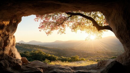 Obraz premium A sun-kissed landscape is beautifully framed by the archway of a cavern, showcasing a blooming tree with overhanging branches drenched in golden sunlight.