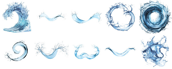 Collection of dynamic water splashes on transparent background, ten different blue water splash shapes, isolated for creative projects, works on both dark or light backgrounds