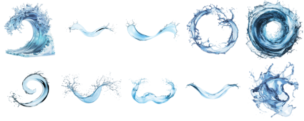 Collection of dynamic water splashes on transparent background, ten different blue water splash shapes, isolated for creative projects, works on both dark or light backgrounds