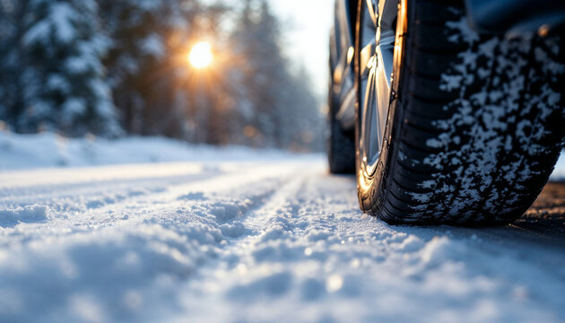 Close-up of a car tire on a snowy road, with a blurred winter landscape in the background.

