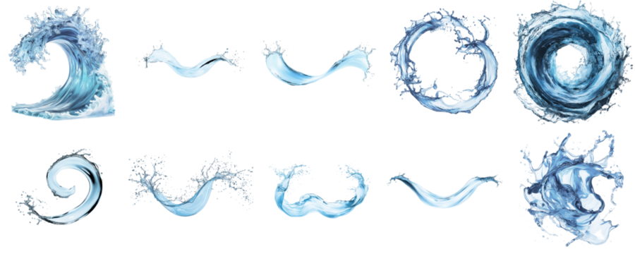 Collection of dynamic water splashes on transparent background, ten different blue water splash shapes, isolated for creative projects, works on both dark or light backgrounds