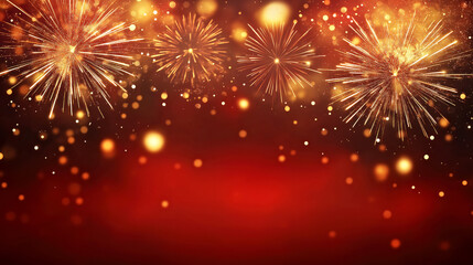 Obraz premium Festive Fireworks and Bokeh Lights on Vibrant Red Background for Celebrations and Events