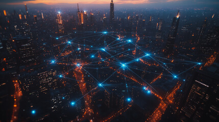 Fototapeta premium Smart digital Innovation Business skyscrapers in the Financial District with connection network reciprocity over the cityscape. of future smart wireless digital city and social media networking