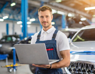 Mechanik z komputerem diagnozuje samochód