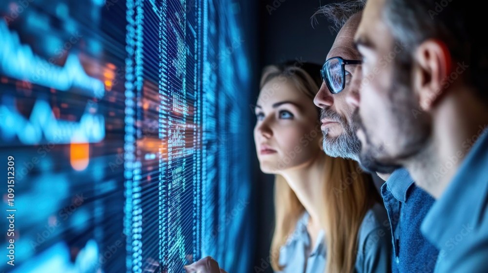 Poster team analyzes data on large digital screen