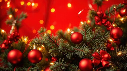 Obraz premium A festive Christmas background with shiny gold and red ornaments, evergreen branches, and glowing fairy lights, background, holiday