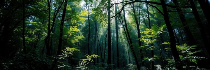 Obraz premium A lush green forest background with tall trees, colorful foliage, and rays of sunlight filtering through the branches, forest floor, flora