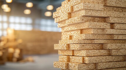 OSB plates. The image features neatly stacked wooden planks in a well-lit warehouse setting, highlighting the texture and arrangement of the materials.