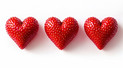 Three red hearts made of strawberries on white background