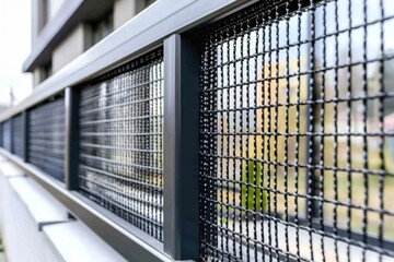 Obraz premium A close-up view of a modern balcony railing featuring a black mesh design, highlighting its sleek and contemporary aesthetic.