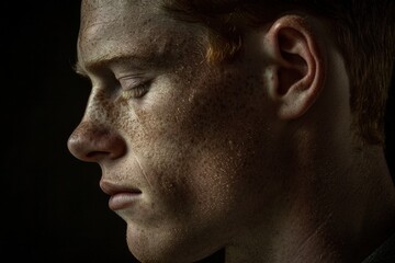 Naklejka premium A side profile of a young man with freckles, displaying a contemplative expression against a dark background.