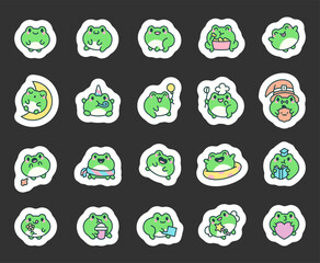 Cute kawaii frog and toad cartoon characters set for kids design with funny adorable animals in outline vector style illustrations for holidays and special events collection pack