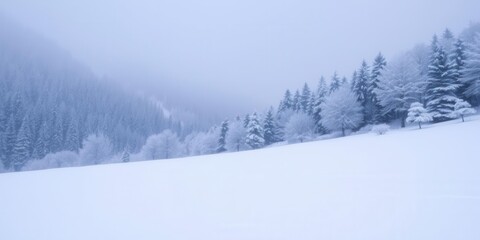 Obraz premium A serene winter background with a blanket of pure white snow covering a forest of bare trees and a distant mountain range, chilly, atmosphere