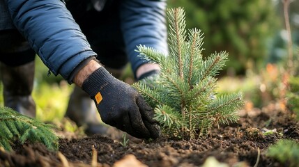 a person with a glove is picking up a small tree