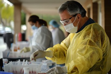 Scientists conduct medical tests outdoors while following safety protocols during a health event