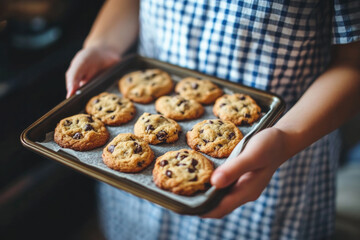 A child in a checkered apron proudly holds a baking tray filled with warm chocolate chip cookies, embodying creativity and warmth in a homely kitchen setting.