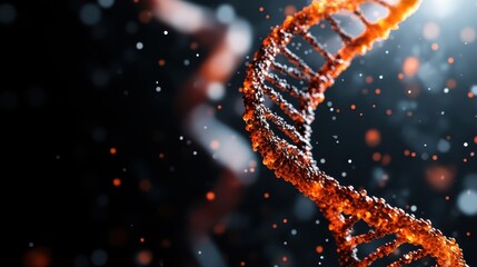 A digital illustration of a DNA strand in orange hues, surrounded by abstract particles, signifying...