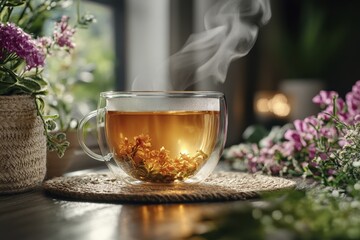 Fototapeta premium Tranquil morning with herbal tea and blossoms by sunlit window