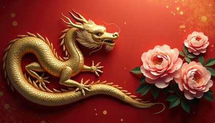 Fototapeta premium Golden dragon with pink peonies on red background representing Chinese New Year, copy space