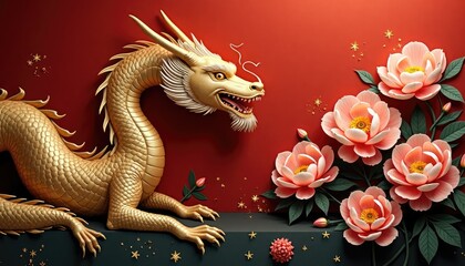Fototapeta premium Golden dragon with pink peonies on red background representing Chinese New Year, copy space