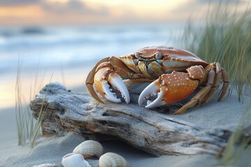 Coastal beach scene with crab on driftwood at sunset