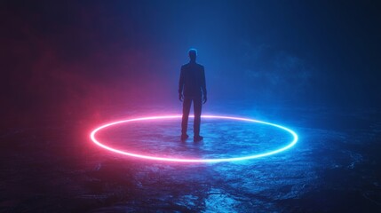 A silhouetted figure stands within a glowing neon circle in a dark, atmospheric setting.