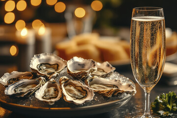 Fototapeta premium Elegant dining with fresh oysters and sparkling champagne celebrating in style