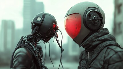 Two sleek robots engage in a cybernetic interface, demonstrating a theme of technological synergy and complex emotional exchange within a sci-fi urban background.