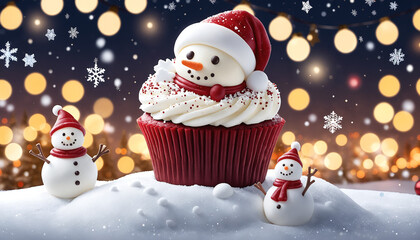 Fototapeta premium Red cupcake with snowman decoration on a snowy background
