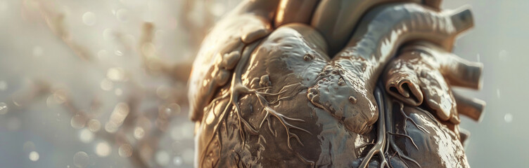 close-up, human heart organ, heartbeat, on an abstract background, minimalistic brown tone, copy space banner